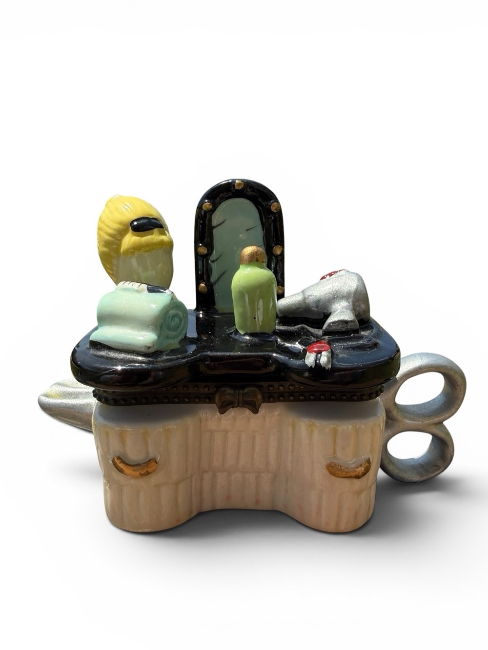 Vintage Beauty Salon Vanity Trinket Box Hair Dryer Scissors Porcelain Keepsake